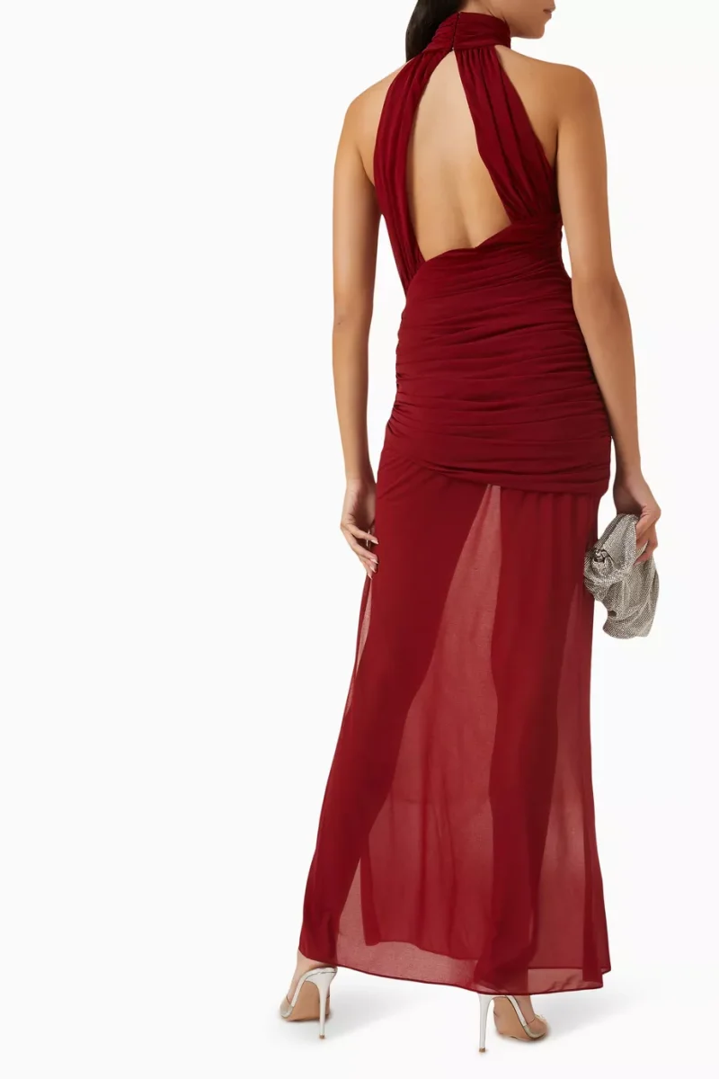 De La Vali Burgundy Red Cairo High Neck Cut-Out Maxi Dress - Imagen 3
