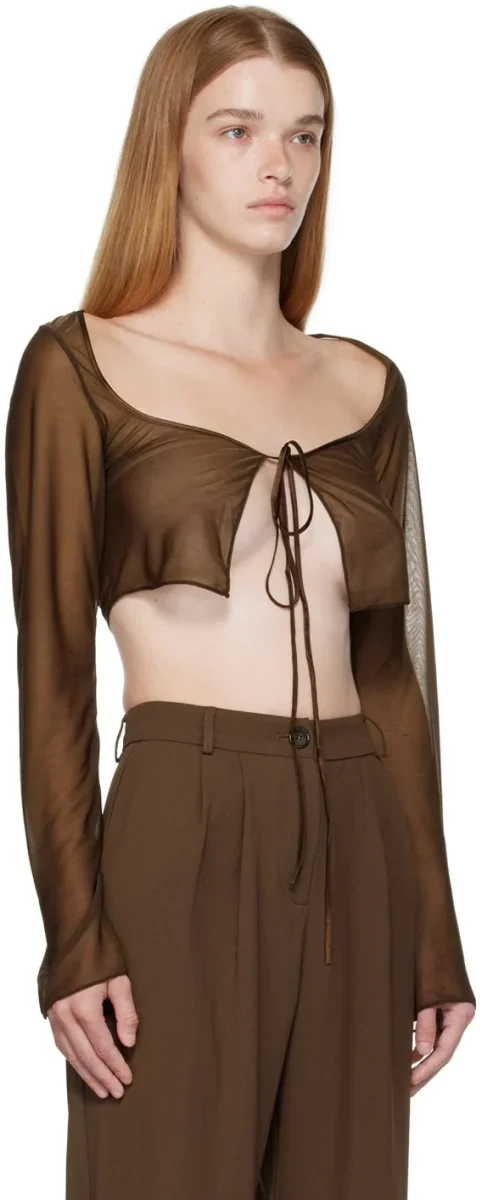MIRROR PALAIS Brown Sheer Sik-Tie Corset Cover Top - Imagen 3