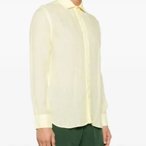 120% LINO Linen Camicia Yellow Spread Collar Linen Shirt