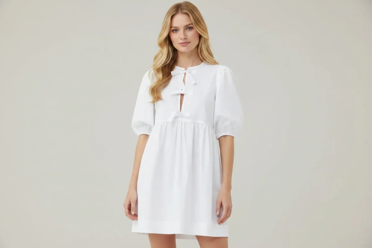 Ganni White Poplin Tie-Front Mini Dress - Imagen 3