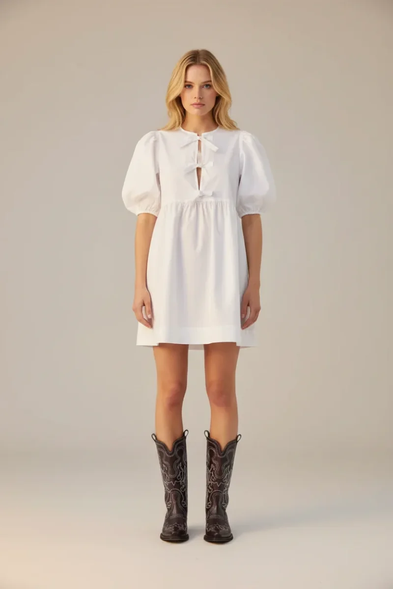 Ganni White Poplin Tie-Front Mini Dress - Imagen 2