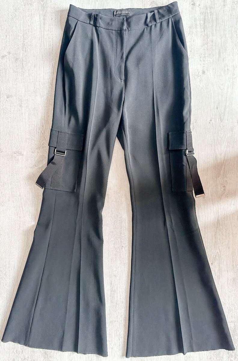 DAVID KOMA Black Cargo Pocket Detail Flared Utility Style Trousers - Imagen 3