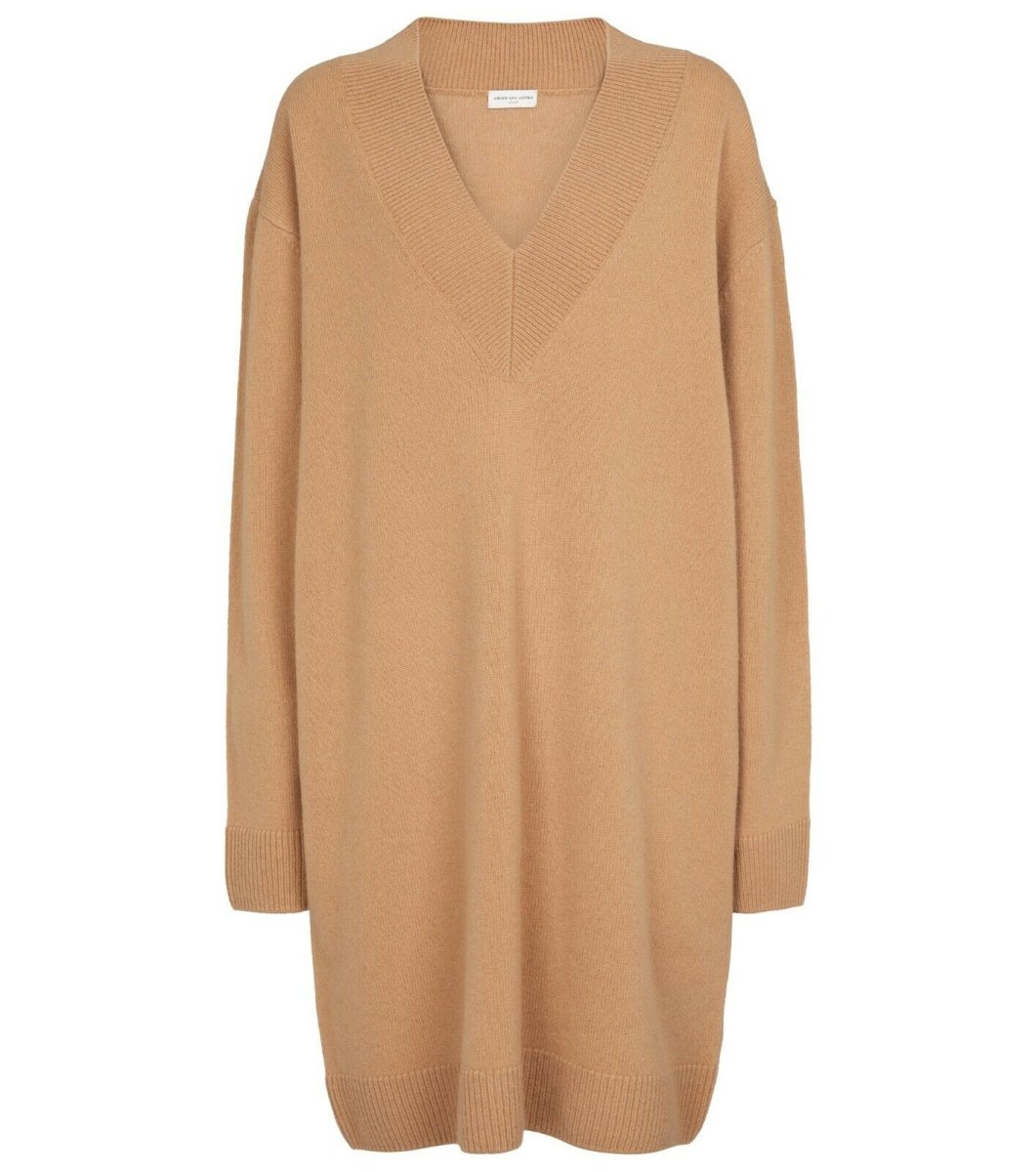 DRIES VAN NOTEN Taluka Wool V-Neck Camel Sweater Jumper Dress - Imagen 3