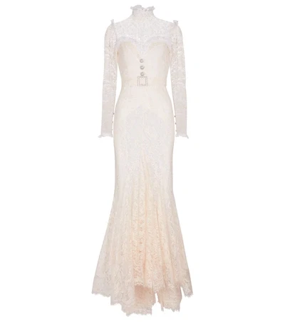 Alessandra Rich White High Neck Sweetheart Floral Lace Pearl Button Wedding Dress - Imagen 5