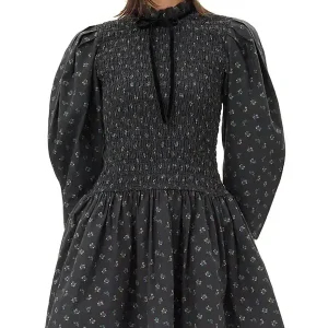 Ganni Ditsy Floral Smock Shirred Velvet Bow Dress