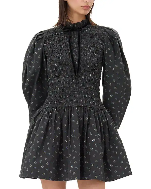 Ganni Ditsy Floral Smock Shirred Velvet Bow Dress - Imagen 2