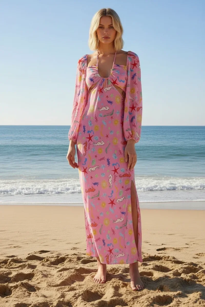Rixo London Kamilla Pink Seahorse Starfish Print Dress - Imagen 2