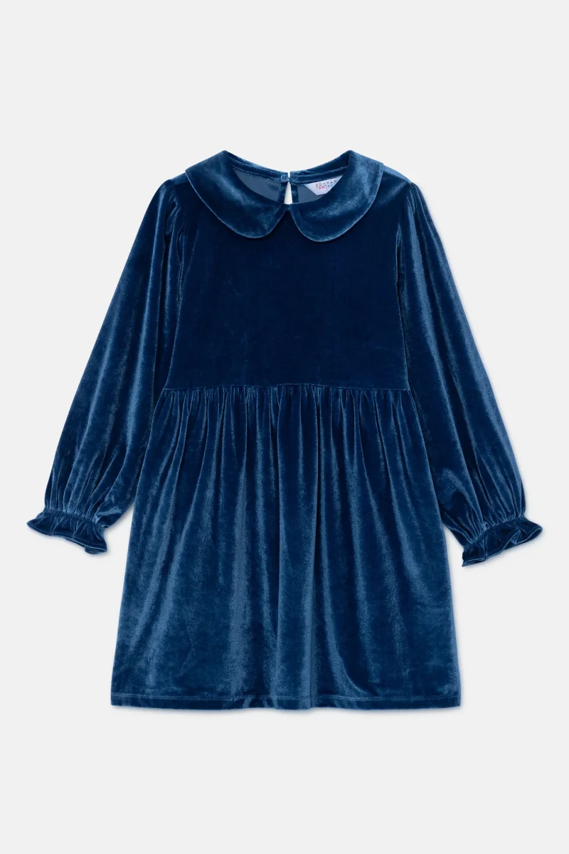 Vestido corto de niña en terciopelo azul - Imagen 3