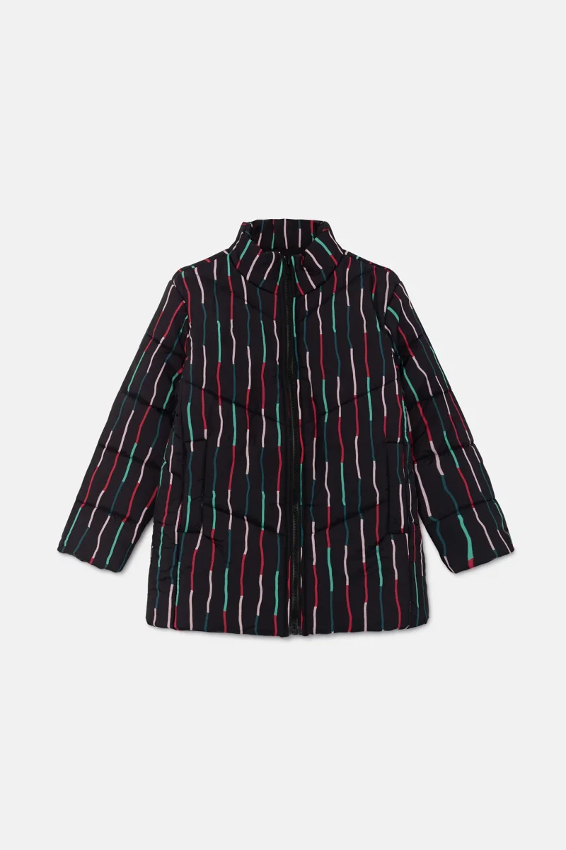 Abrigo unisex plumífero corto con estampado de rayas negro - Imagen 7