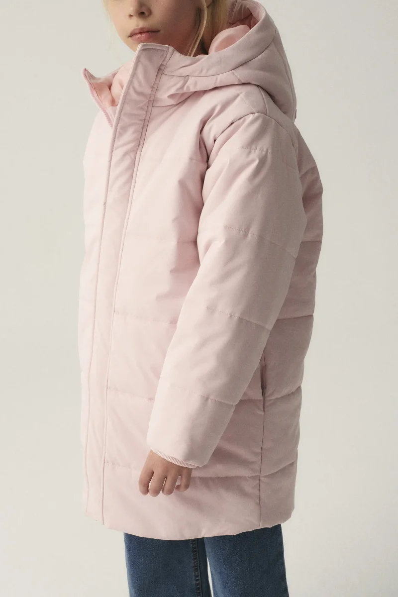 Abrigo unisex plumífero midi con capucha rosa - Imagen 4
