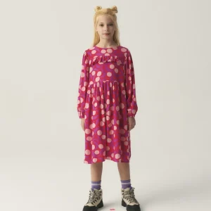 Vestido midi de niña con volante y estampado fantasía rosa