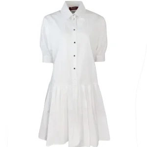 Max Mara White Caronte Cotton Poplin Pleat Hem Shirt Dress