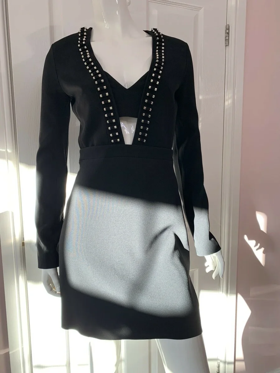DAVID KOMA Black Tube Detail V-Neck Long Sleeve Dress - Imagen 3