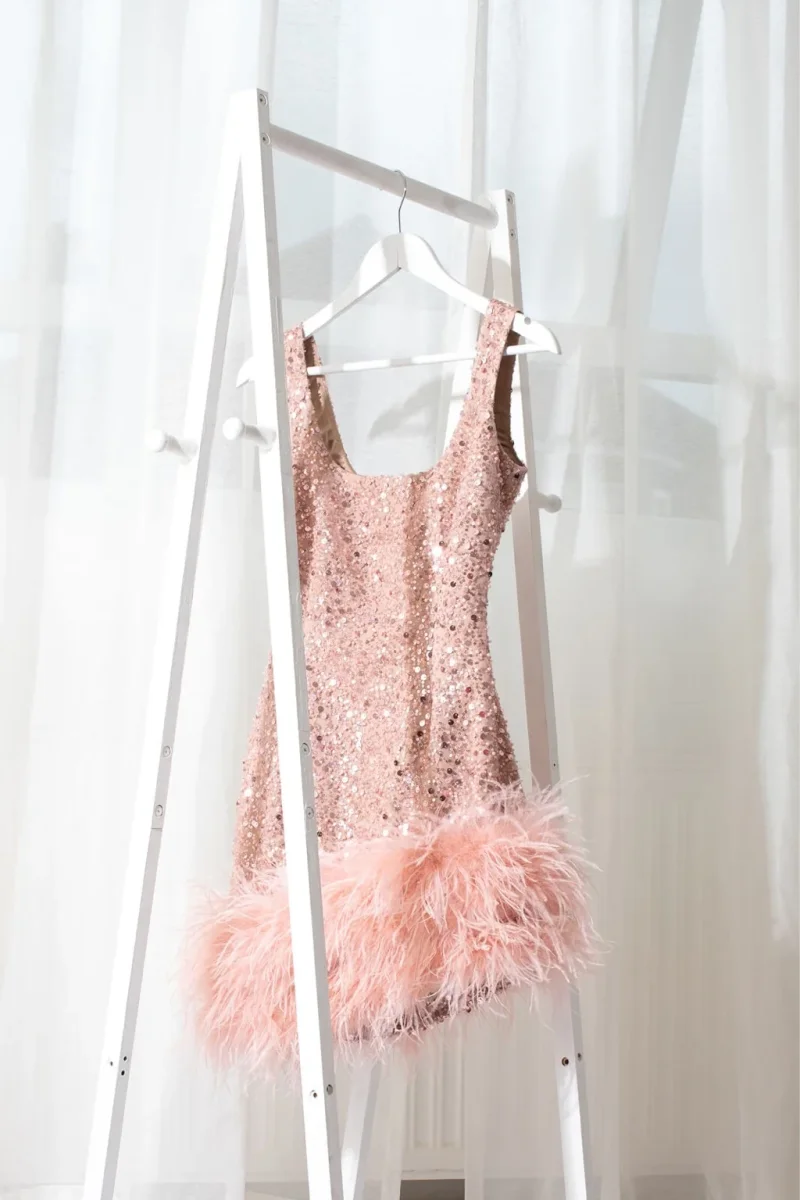 Nadine Merabi Pink Evie Pearl Sequin Embellished Feather Trim Mini Dress - Imagen 8