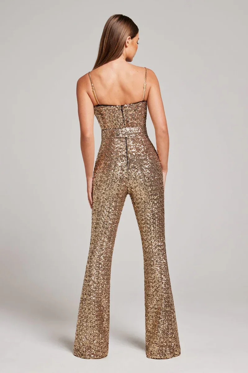 NADINE MERABI Gold Lucinda Chain Strap Sequinned Embellished Jumpsuit - Imagen 6