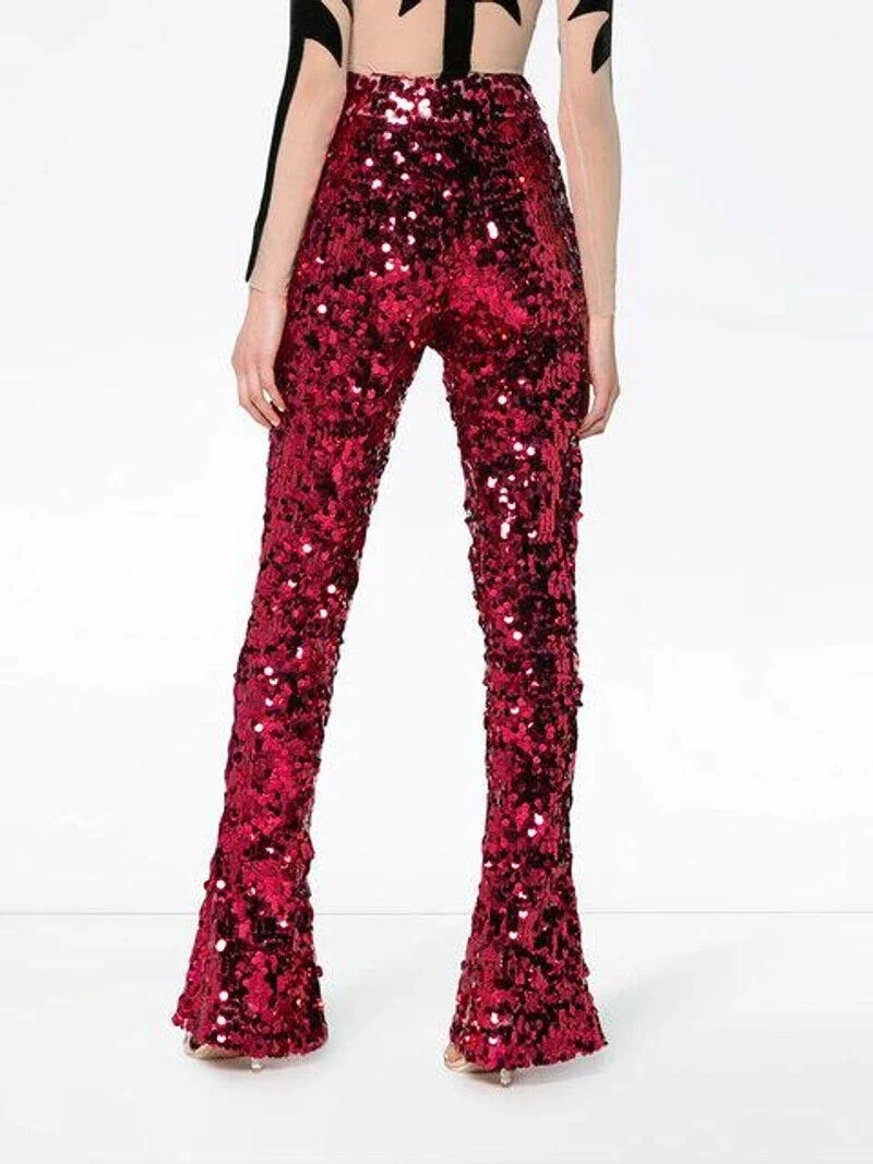 HALPERN Sequin Pailette Dark Pink High Waisted Flared Pants Trousers - Imagen 6