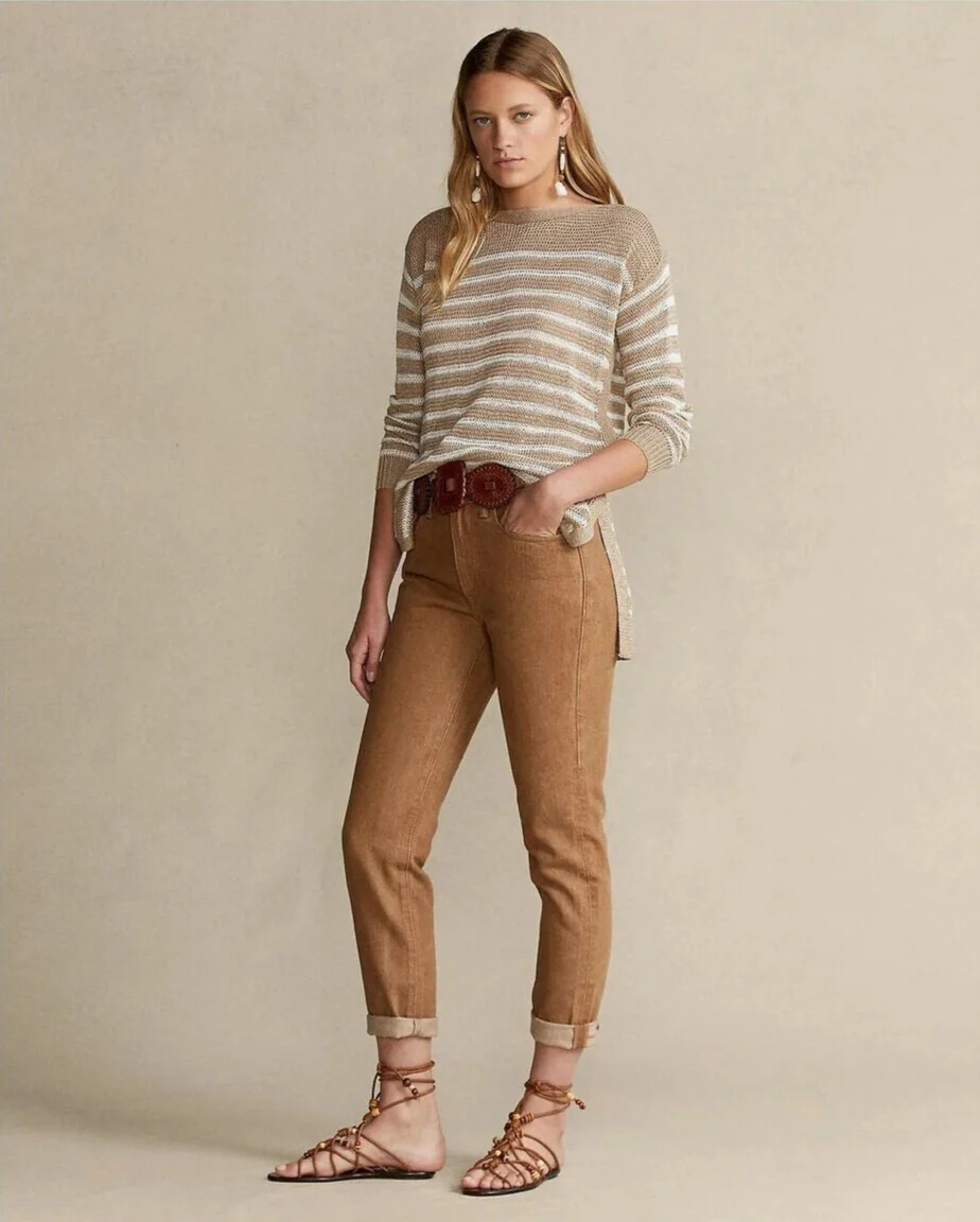 Polo Ralph Lauren Brown Linen White Striped Knit Sweater Jumper