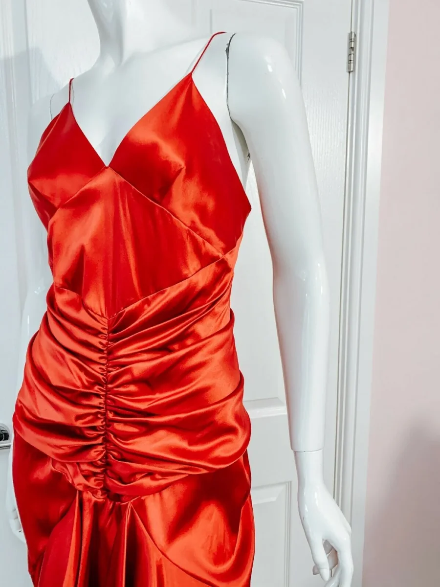 Alexandre Vauthier Ruby Red Ruched Strappy Silk Satin Dress - Imagen 6