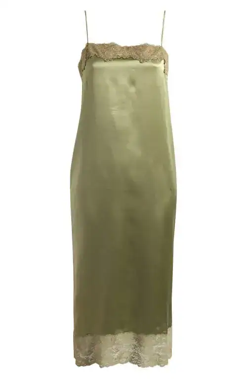 Reformation Green Mackenzie Lace Trim Silk Slip Midi Dress - Imagen 6