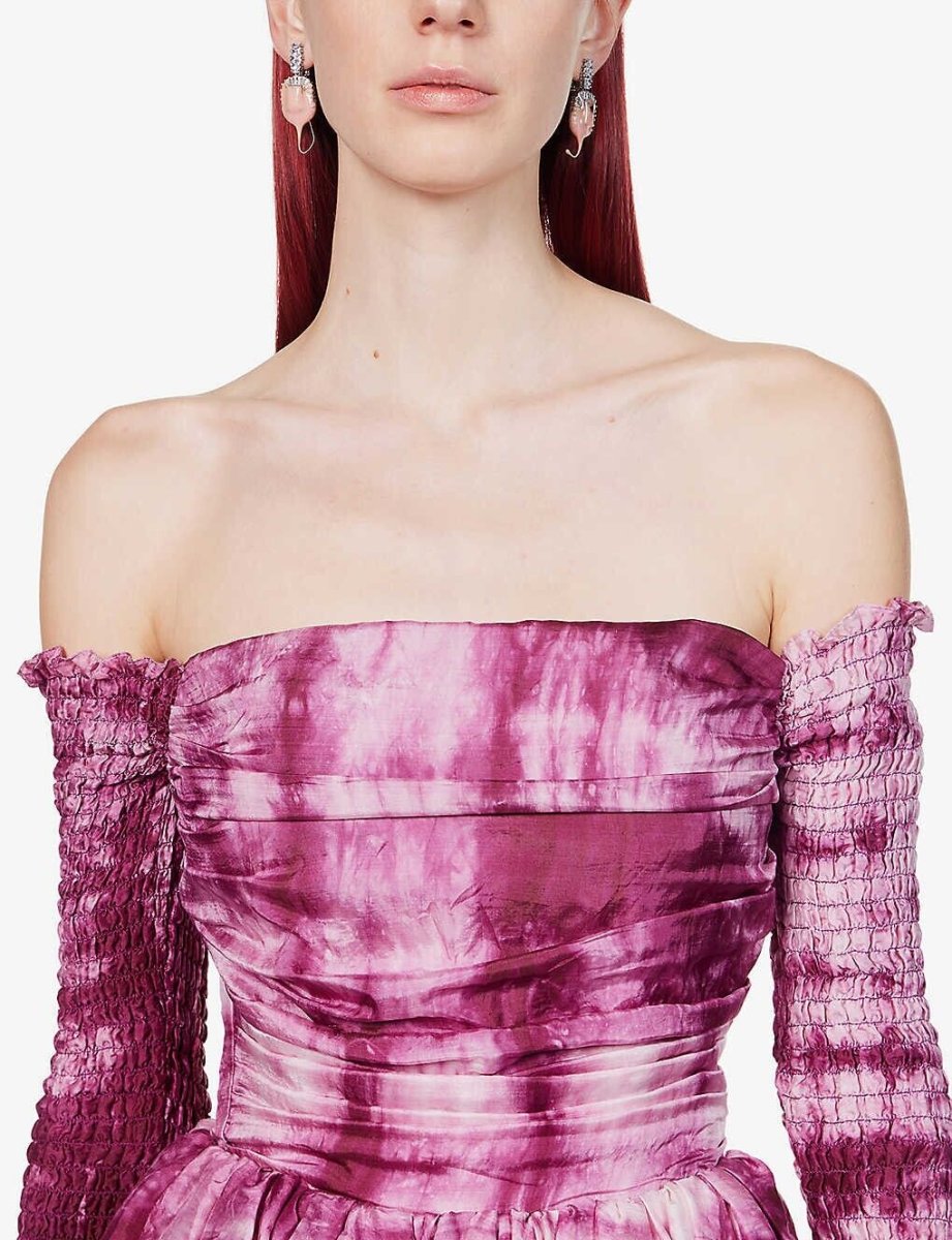 CLIO PEPPIATT Pink Tie Dye Puff Petal Ruched Off Shoulder Silk Melva Dress - Imagen 5
