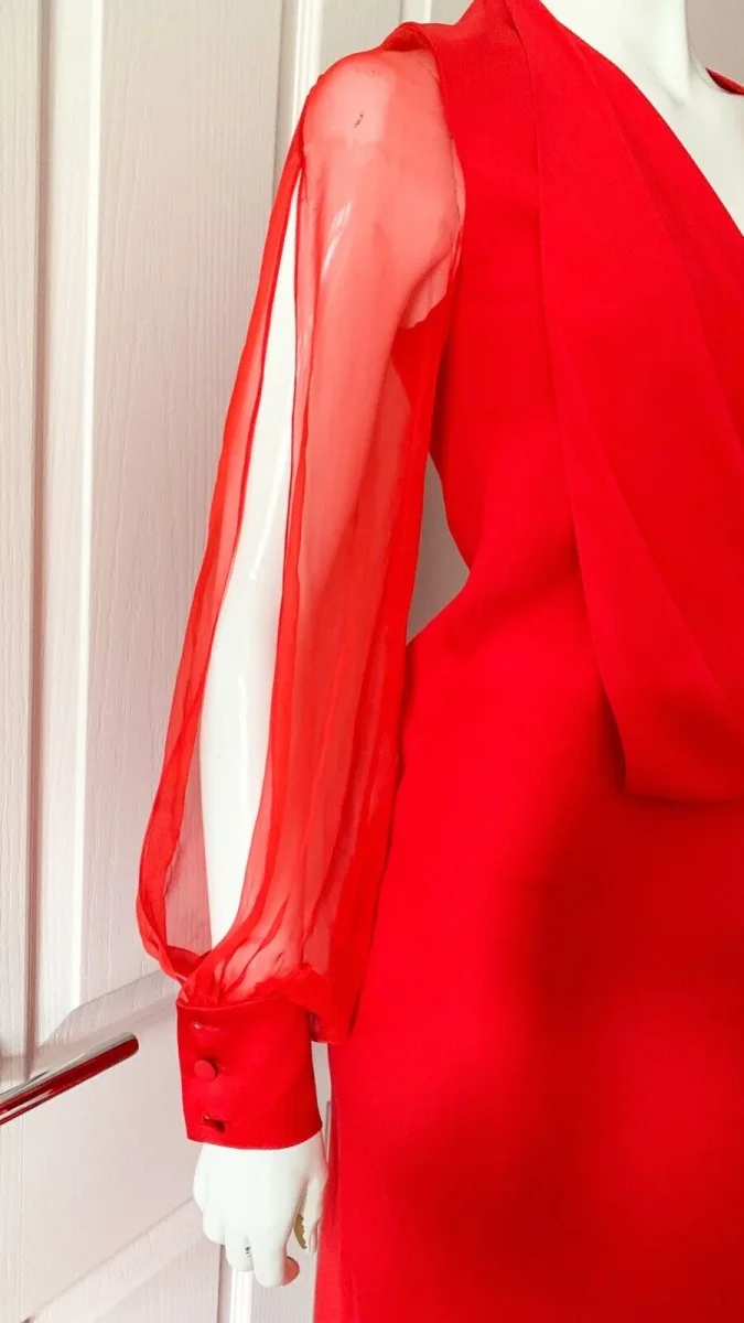 LANVIN Red Sheer Sleeve Drape Detail Long Gown - Imagen 6