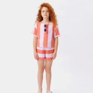 Camiseta unisex de rayas coral y lila