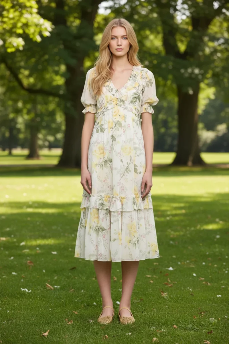 Needle & Thread Floral Rose Print Chiffon Ballerina Midi Dress - Imagen 4