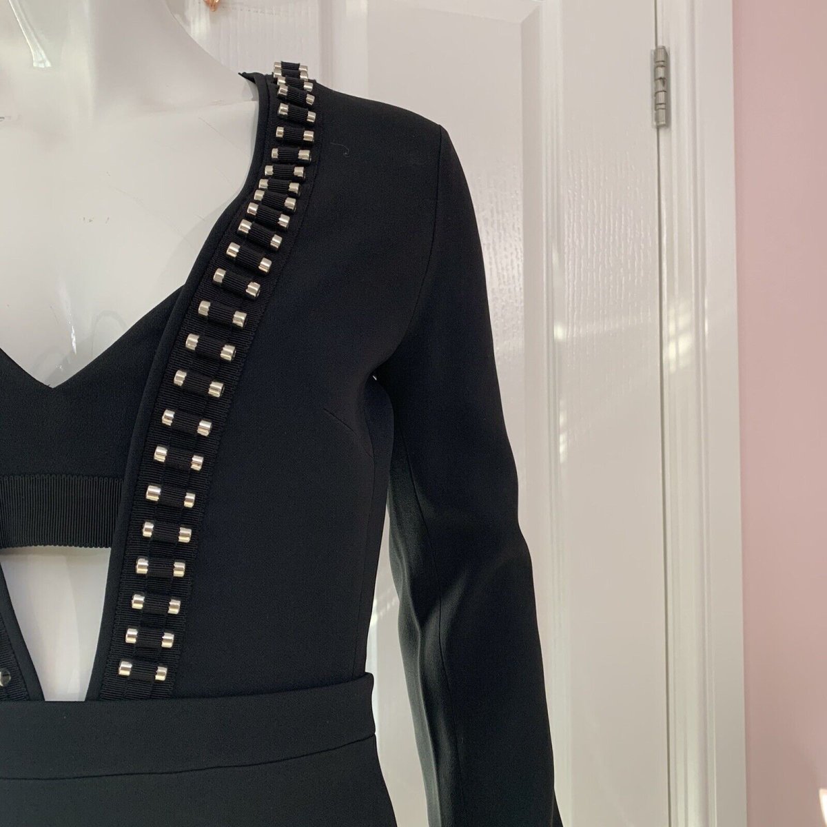DAVID KOMA Black Tube Detail V-Neck Long Sleeve Dress - Imagen 4