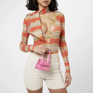 JACQUEMUS Orange Le Raphia Le Body Abanaba Sheer Cut Out Sexy Bodysuit