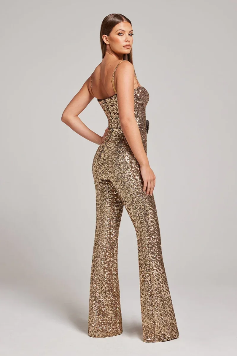 NADINE MERABI Gold Lucinda Chain Strap Sequinned Embellished Jumpsuit - Imagen 4
