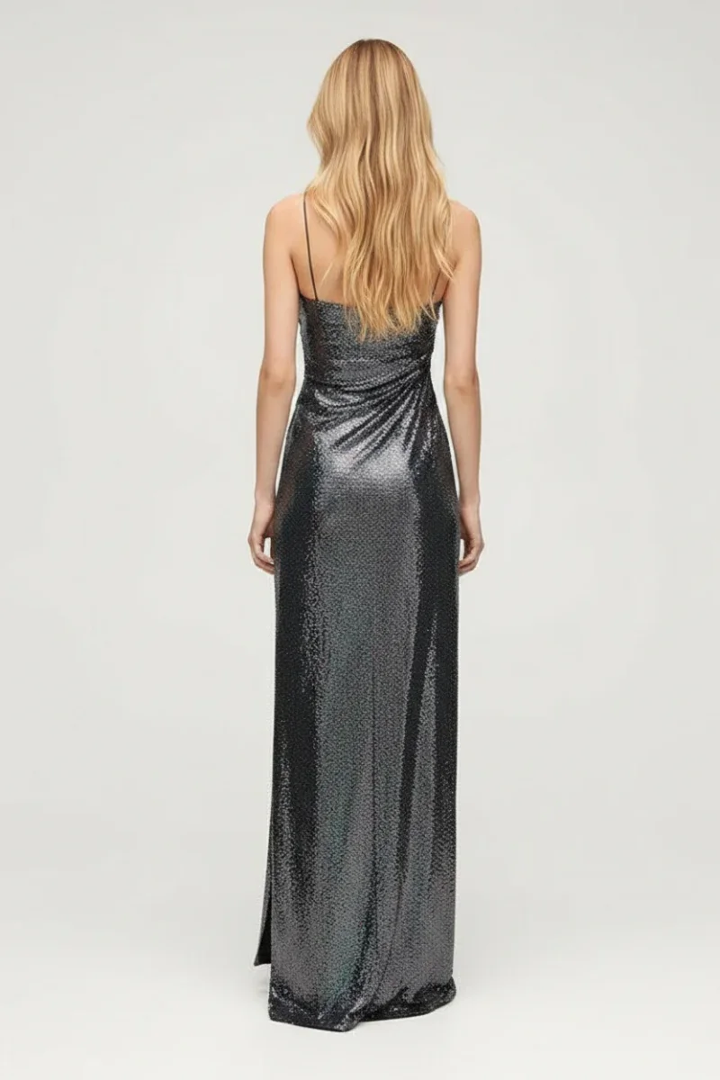 AZZARO Atelier Metallic Strappy Sapphire Powder Ruched Side Slit Slip Raquel Dress - Imagen 3