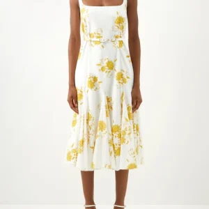 Emilia Wickstead Marita Floral-print Cotton-poplin Yellow White Square Neck Dress