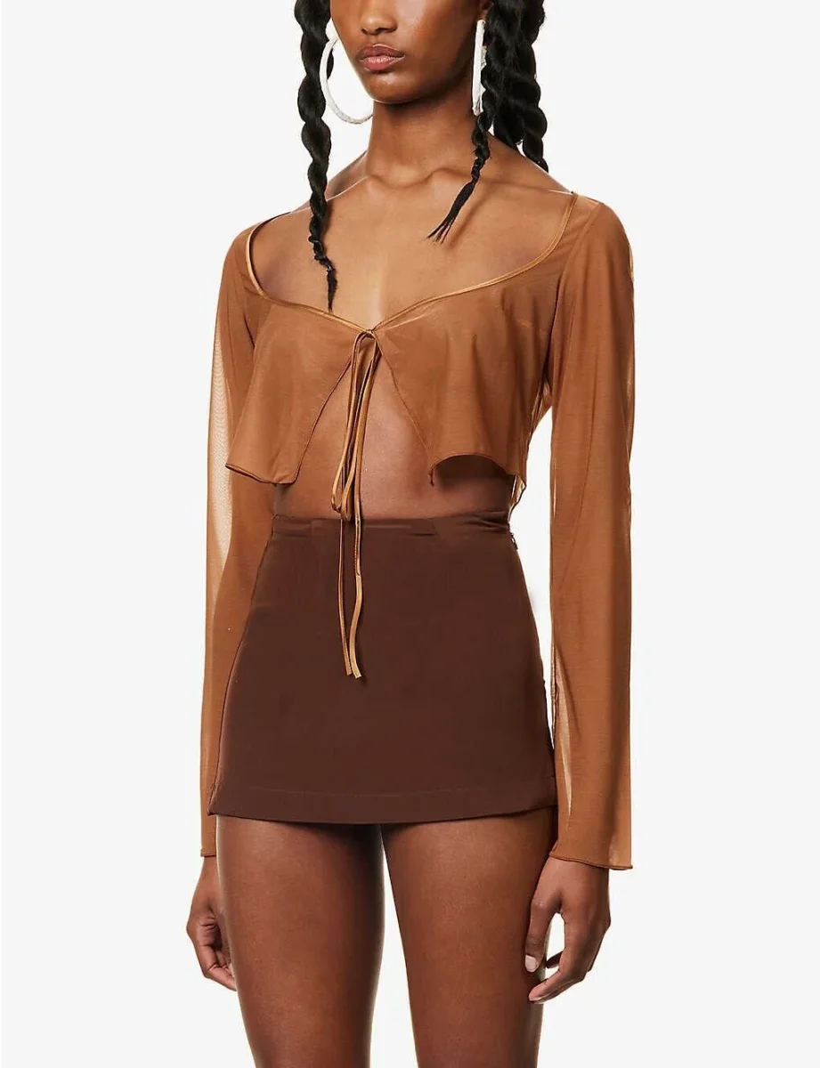 MIRROR PALAIS Caramel Brown Sheer Silk Tie Corset Cover Top - Imagen 5