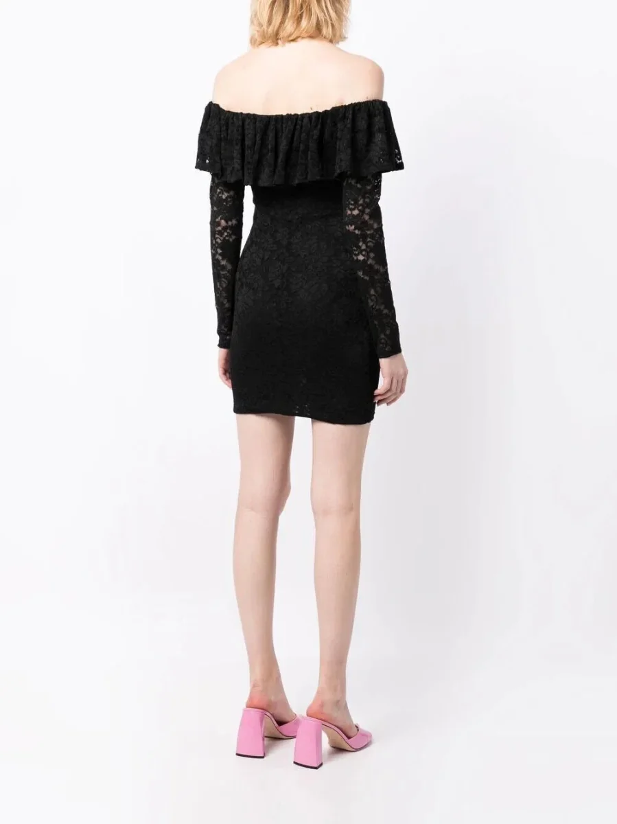 CAROLINE CONSTAS Alessia Black Floral Lace Off Shoulder Mini Dress - Imagen 9