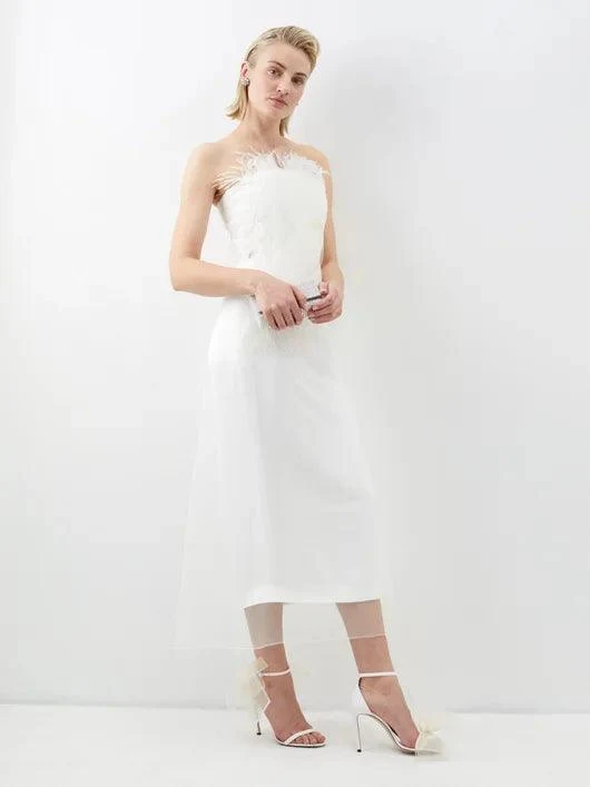 16ARLINGTON Ivory White Minelli Feather Trim Crepe Lace Overlay Strapless Wedding Dress - Imagen 3