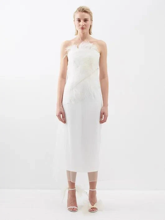 16ARLINGTON Ivory White Minelli Feather Trim Crepe Lace Overlay Strapless Wedding Dress - Imagen 4