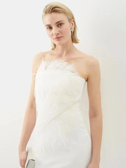 16ARLINGTON Ivory White Minelli Feather Trim Crepe Lace Overlay Strapless Wedding Dress - Imagen 6