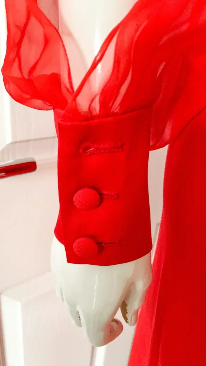LANVIN Red Sheer Sleeve Drape Detail Long Gown - Imagen 7