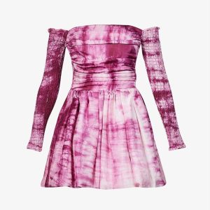 CLIO PEPPIATT Pink Tie Dye Puff Petal Ruched Off Shoulder Silk Melva Dress