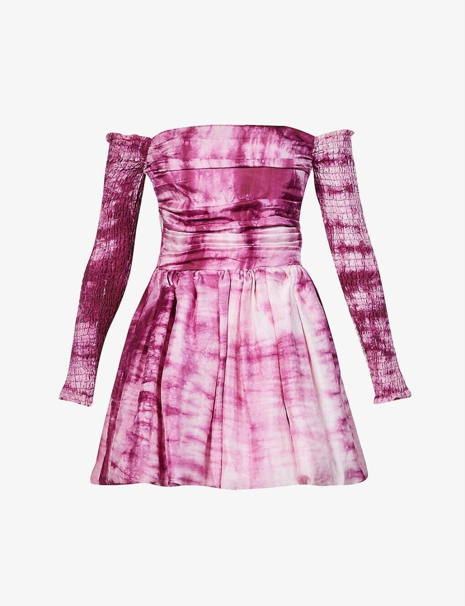 CLIO PEPPIATT Pink Tie Dye Puff Petal Ruched Off Shoulder Silk Melva Dress