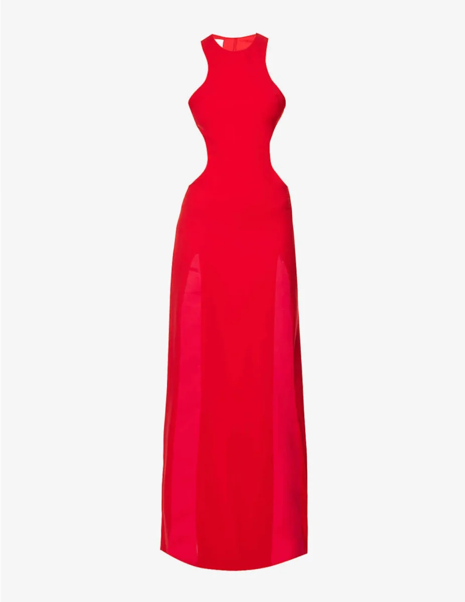 MONOT Red Split Slit Leg Open Back Cut Out Woven Evening Gown Dress - Imagen 6