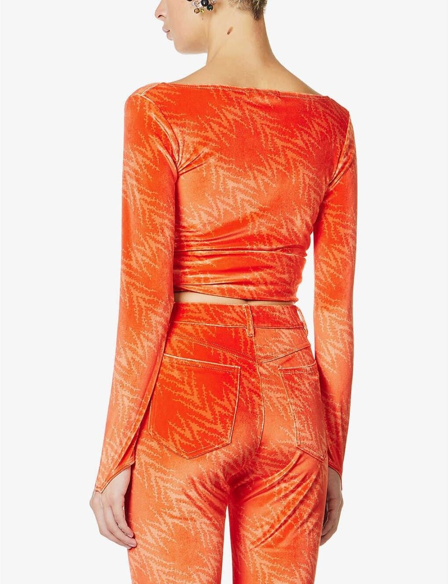 MAISIE WILEN Dramady Orange Abstract Print Velour Wrap Top - Imagen 6