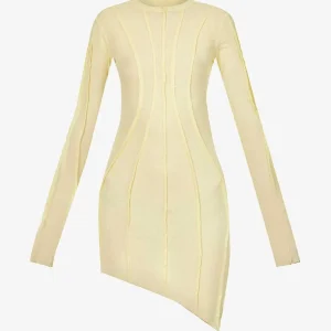 SAMI MIRO VINTAGE Asymmetric Raw Hem Stretch Woven Yellow Mini Dress