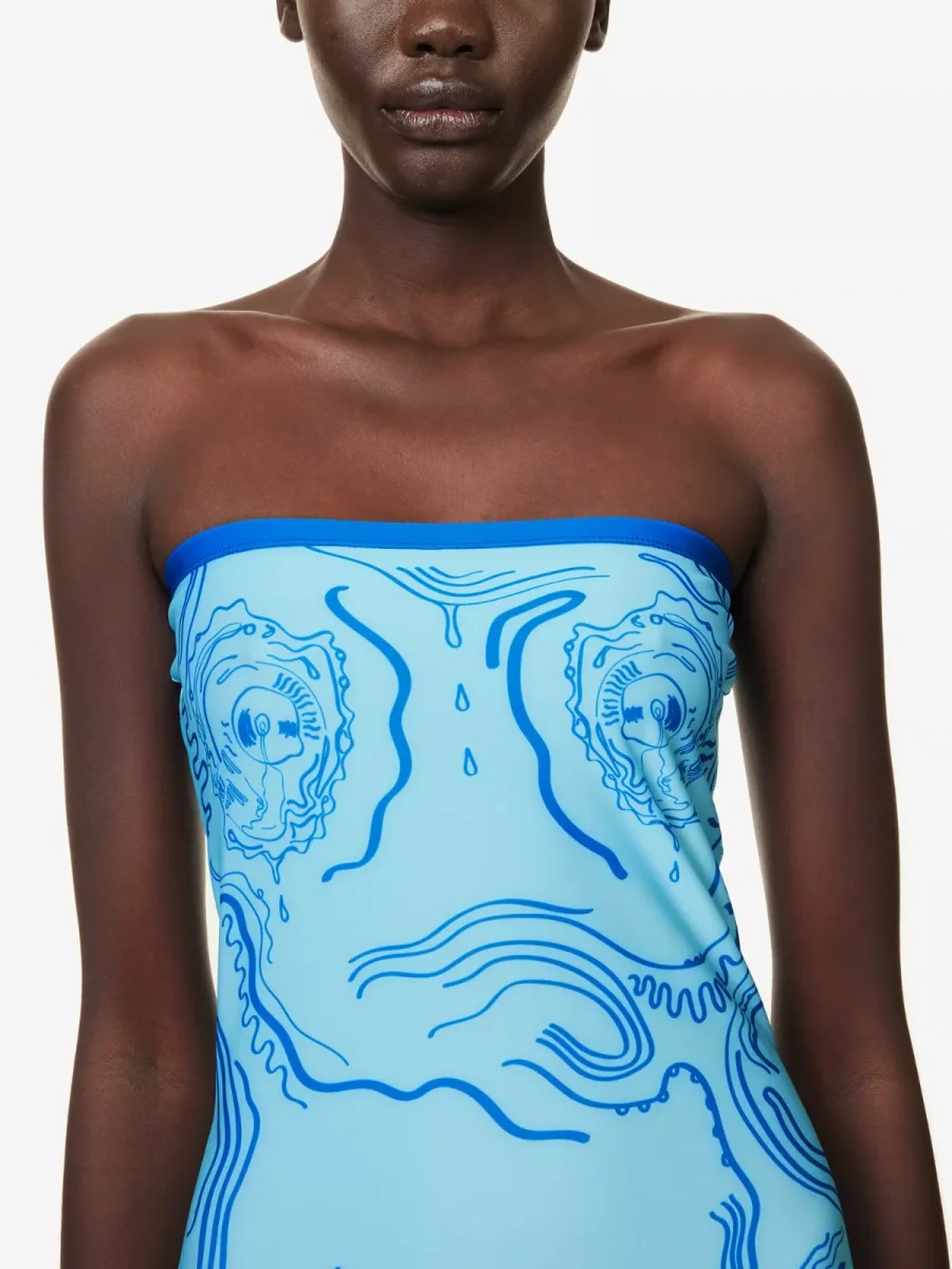 DI PETSA Venus Graphic Print Stretch Blue Tube Greek Goddess Midi Dress - Imagen 5