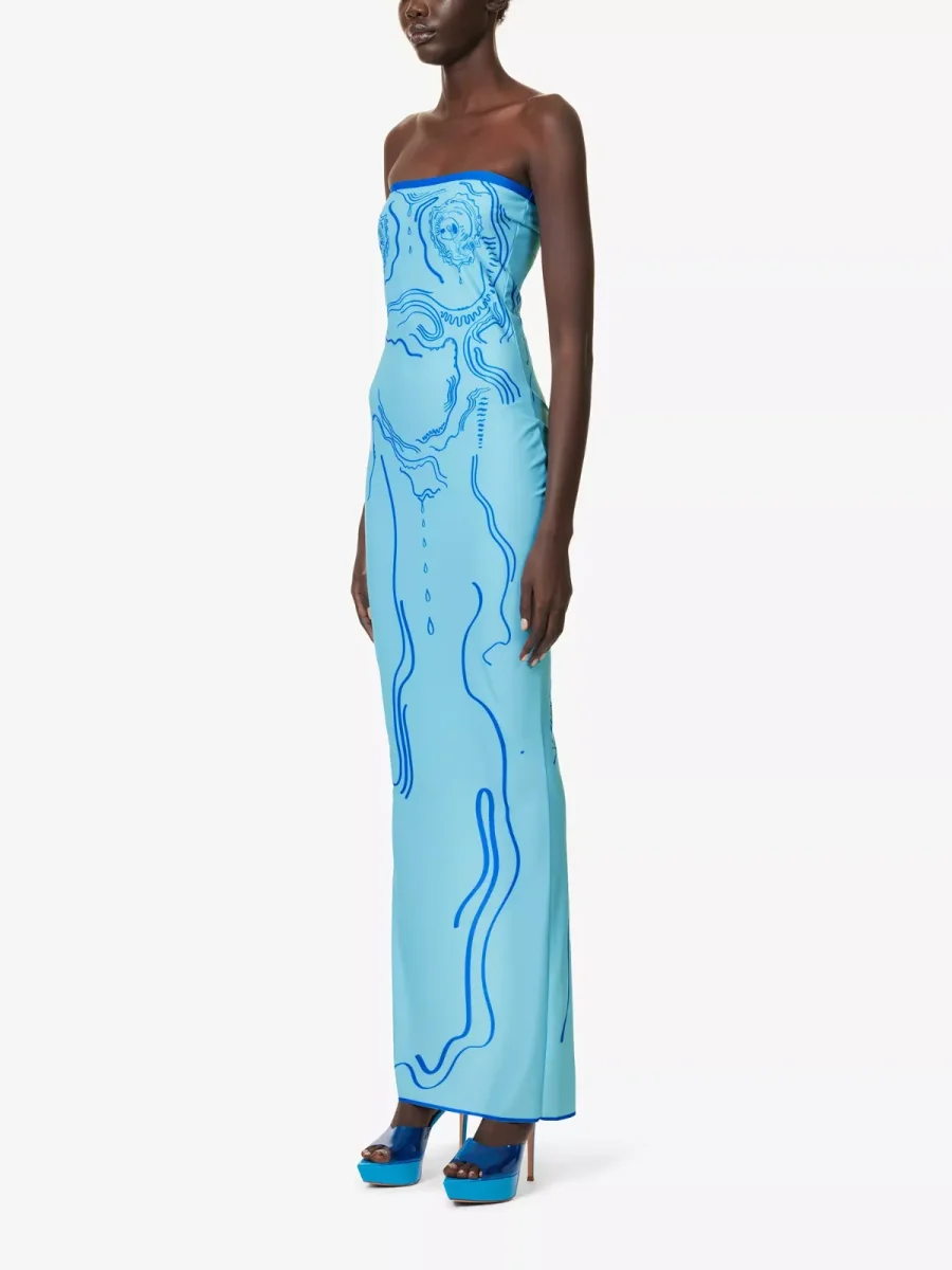 DI PETSA Venus Graphic Print Stretch Blue Tube Greek Goddess Midi Dress - Imagen 3