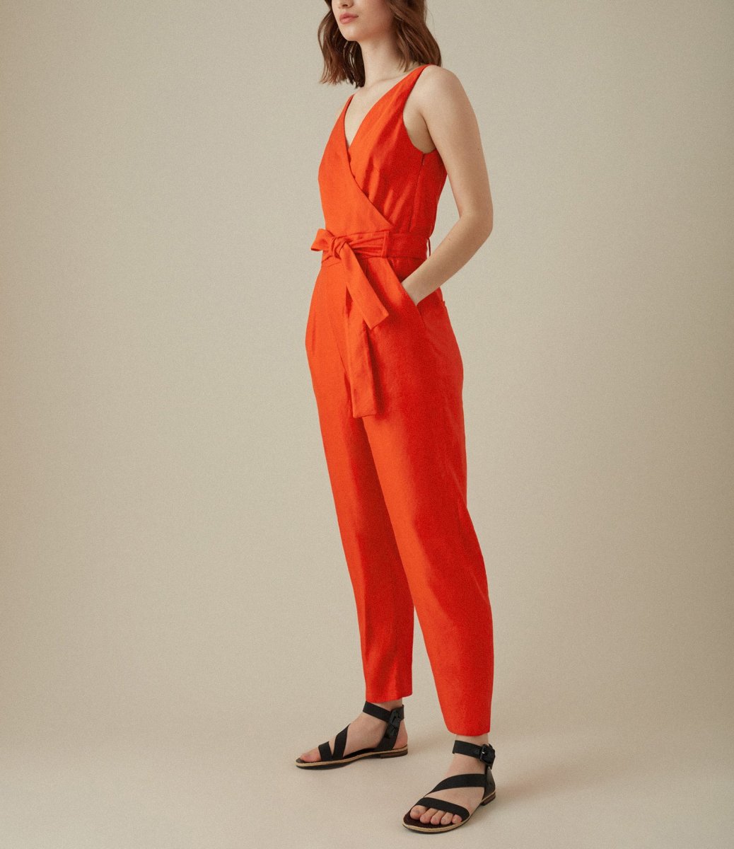 Karen Millen Orange Cinched Waist V Neck Linen Blend Jumpsuit