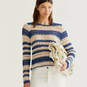 Top punto calado con rayas blanco y azul