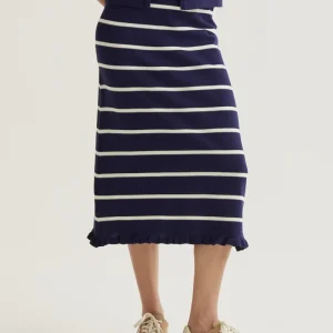 Falda midi de punto con estampado de rayas azul marino y blanco