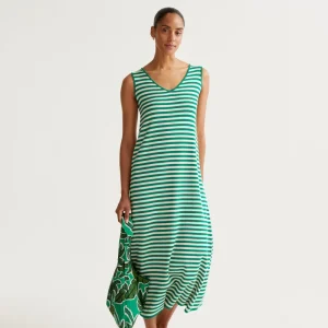 Vestido largo de punto con estampado de rayas blanco y verde