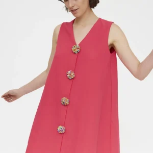 Vestido corto fucsia con botones multicolor